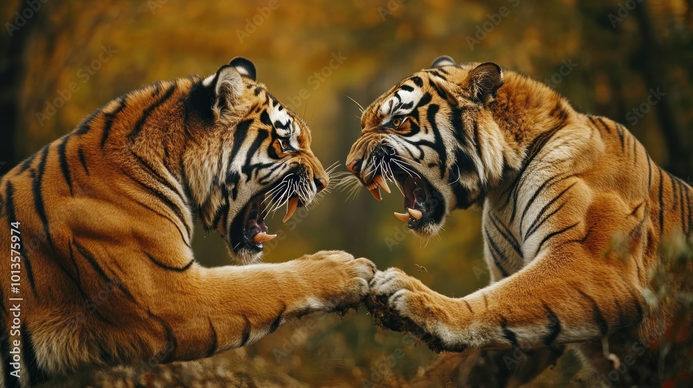 Fototapeta premium Two Tigers Facing Each Other with Fangs Bared in a Forest