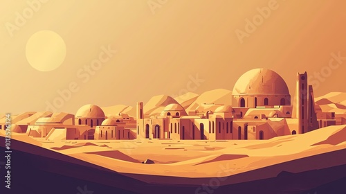 A stylized desert cityscape with domed buildings under a warm sun setting over sandy dunes. photo