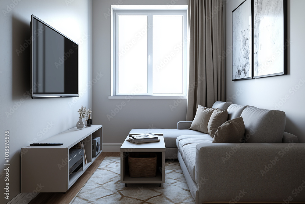 Small cozy living room with natural light, gray sectional sofa, TV, and minimalist decor in a comfortable modern space Small cozy living room with natural light, gray sectional sofa, TV, and minimalist decor in a comfortable modern space