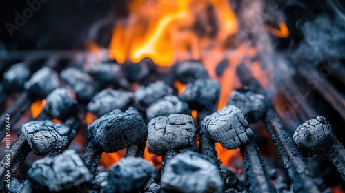 A close-up of a grill with metal grates and glowing coals, ready for cooking, smoke subtly rising in the background