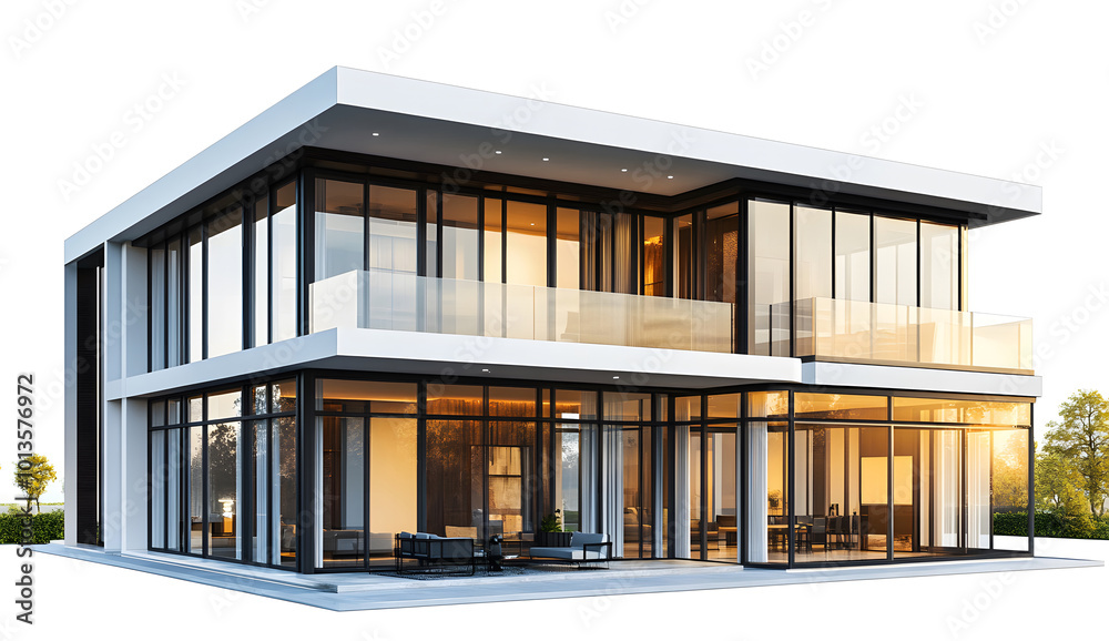 Modern TwoStory House with Large Windows and Balcony D Render design