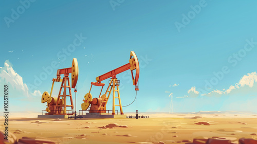 oil rigs oil pump energy industrial machine for petroleum in the middle of the desert on the blue sky background