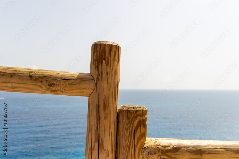 Wooden Railing Background with Ocean View Wooden Railing Background with Ocean View