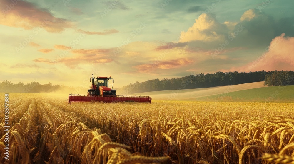 Fototapeta premium Tractor Harvesting Wheat Field at Sunset