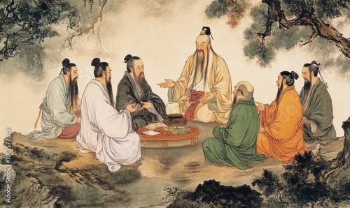 Seven men in robes gather around a table.