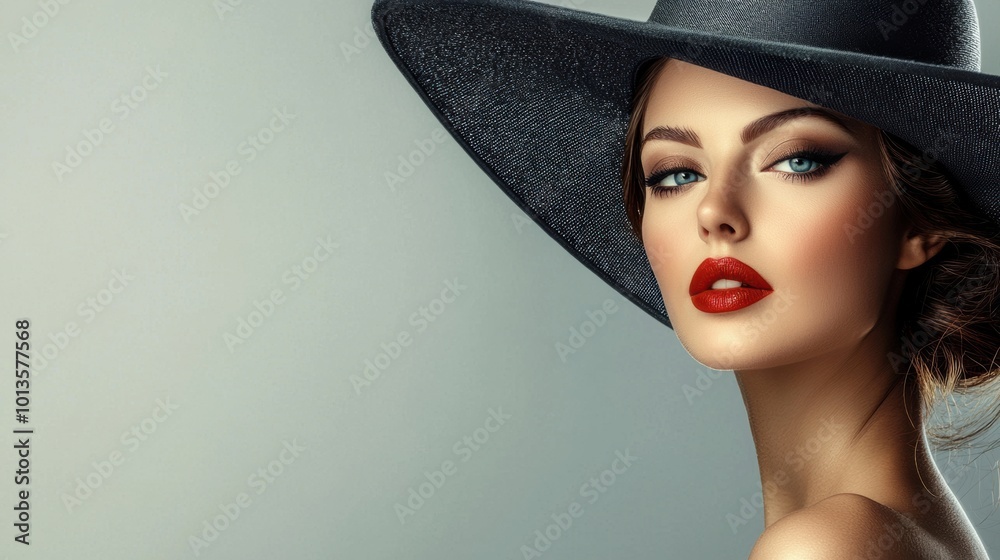 Captivating Model in Dramatic Black Hat Showcasing Glamorous Makeup and Intense Gaze Captivating Model in Dramatic Black Hat Showcasing Glamorous Makeup and Intense Gaze