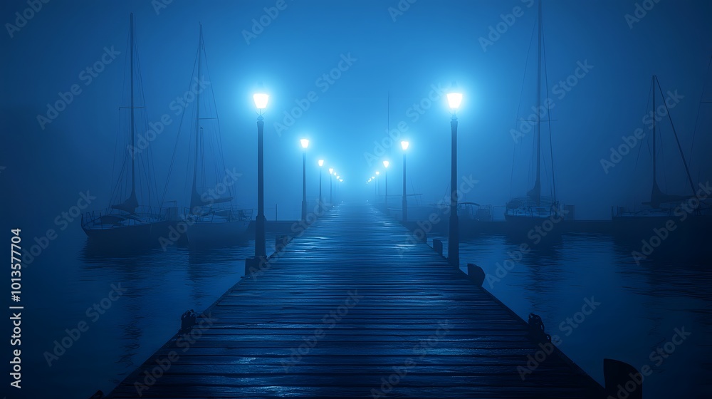 Obraz premium A misty night scene at a marina includes dim streetlights illuminating a wooden dock and silhouettes of sailboats, creating a serene and moody atmosphere with calming reflections.