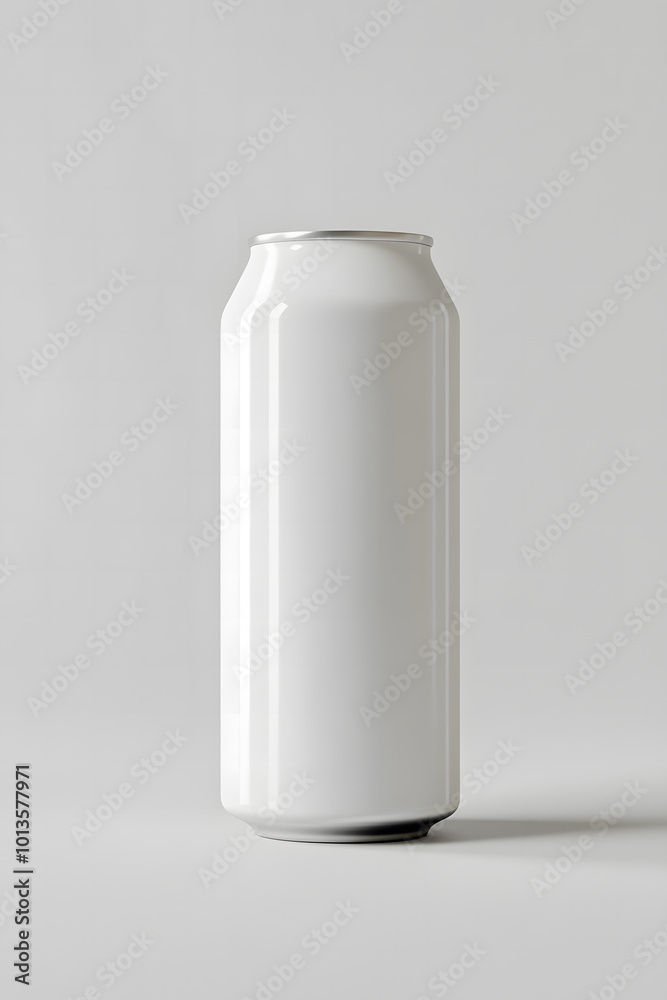 A blank white beer can, with the bottom of it visible in an isometric view design, set against a light gray background design A blank white beer can, with the bottom of it visible in an isometric view design, set against a light gray background design