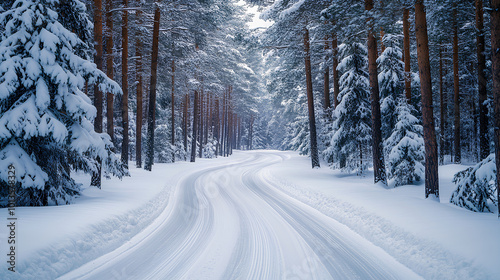 Snow-covered road in pine forest, serene winter wonderland scene