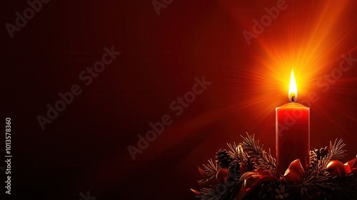 Artistic depiction of an Advent wreath, with the first candle brightly burning, rays of light radiating from it, symbolizing hope, [First Sunday of Advent], [hope and light]