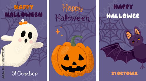 Purple Halloween poster. Ghost. pumpkin, bat, Fashionable flat style and funny characters. Cute vector poster for postcard, flyer, banner