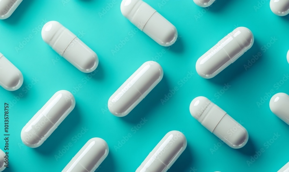An array of white capsules on a teal background representing a health and medical concept. Ai illustration, Generative AI An array of white capsules on a teal background representing a health and medical concept. Ai illustration, Generative AI