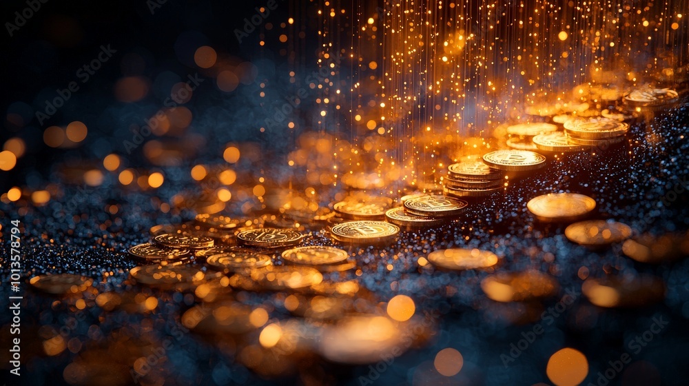 A visually captivating display of shimmering coins with a glowing, magical effect.