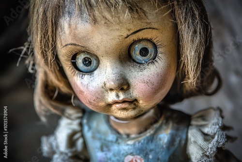 A haunted doll with cracked, porcelain eyes. 