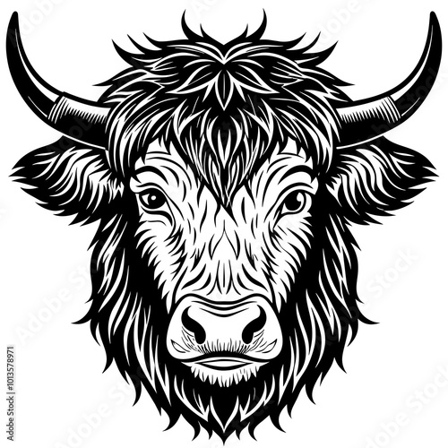 Hand drawn vector illustration of a cute yak face in a flower crown, with lettering quote Spring Is Here. Isolated objects on white. Scandinavian style flat design.