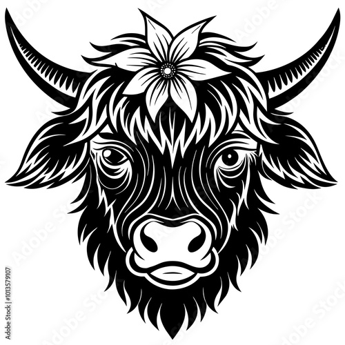 Hand drawn vector illustration of a cute yak face in a flower crown, with lettering quote Spring Is Here. Isolated objects on white. Scandinavian style flat design.