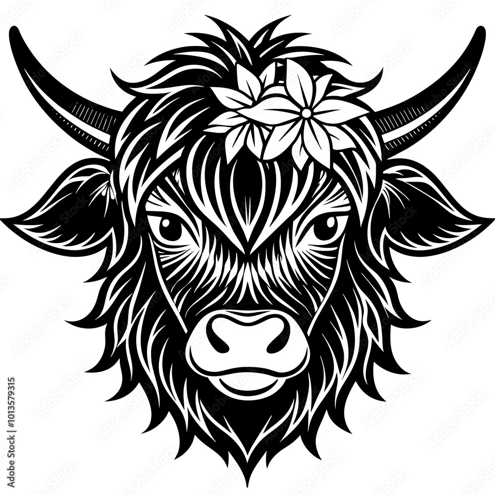 Fototapeta premium Hand drawn vector illustration of a cute yak face in a flower crown, with lettering quote Spring Is Here. Isolated objects on white. Scandinavian style flat design.