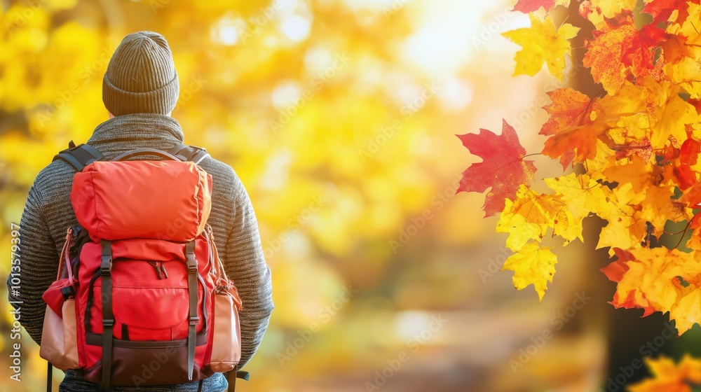 A man wearing a cozy sweater and backpack stands in a colorful autumn landscape, surrounded by vibrant leaves and warm sunlight A man wearing a cozy sweater and backpack stands in a colorful autumn landscape, surrounded by vibrant leaves and warm sunlight