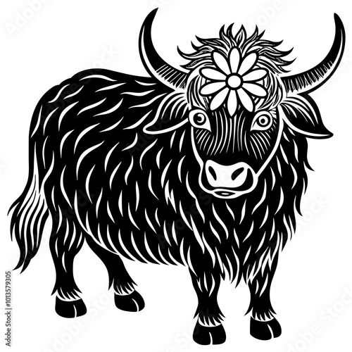 Hand drawn vector illustration of a cute yak face in a flower crown, with lettering quote Spring Is Here. Isolated objects on white. Scandinavian style flat design.