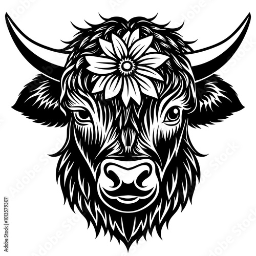 Hand drawn vector illustration of a cute yak face in a flower crown, with lettering quote Spring Is Here. Isolated objects on white. Scandinavian style flat design.