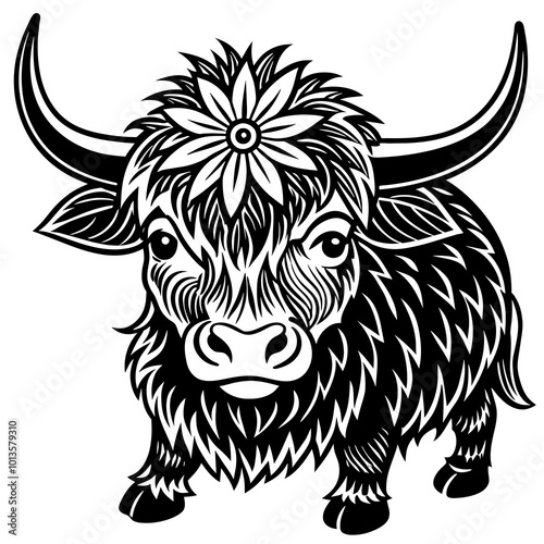 Hand drawn vector illustration of a cute yak face in a flower crown, with lettering quote Spring Is Here. Isolated objects on white. Scandinavian style flat design.