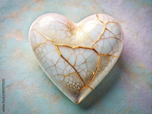 A delicate, porcelain heart with cracks filled in with shimmering gold threads, symbolizing healing, forgiveness, and new beginnings on a soft, pastel background.
