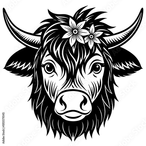Hand drawn vector illustration of a cute yak face in a flower crown, with lettering quote Spring Is Here. Isolated objects on white. Scandinavian style flat design.