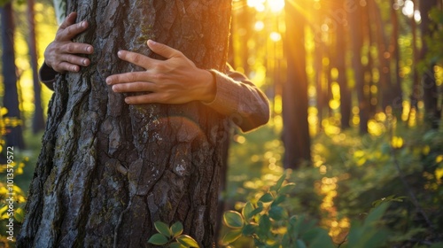 Hands Embracing the Trunk of a Tree in Warm Autumn Forest Landscape