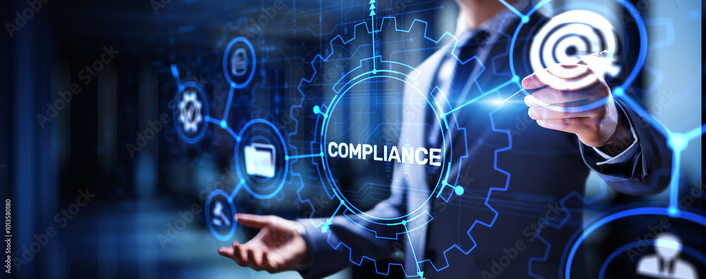 Compliance concept with icons and text. Regulations, law, standards, requirements, audit diagram on virtual screen.