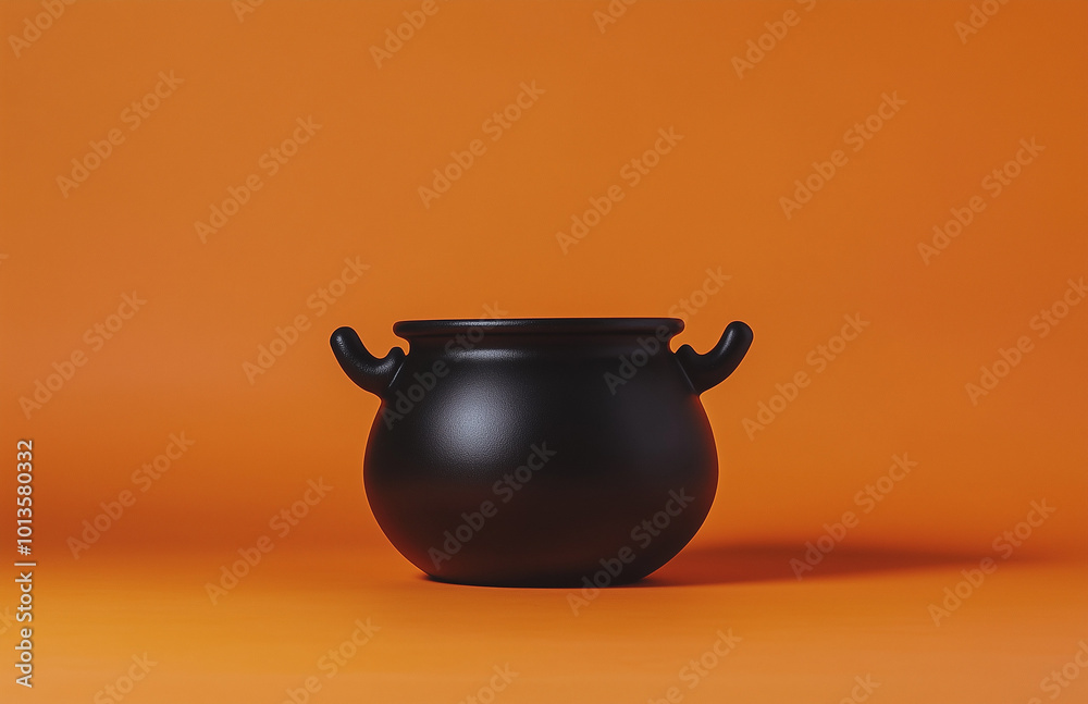Black witch's cauldron with a hat on an orange background.Minimal creative Halloween holiday concept.Copy space,flat lay Black witch's cauldron with a hat on an orange background.Minimal creative Halloween holiday concept.Copy space,flat lay