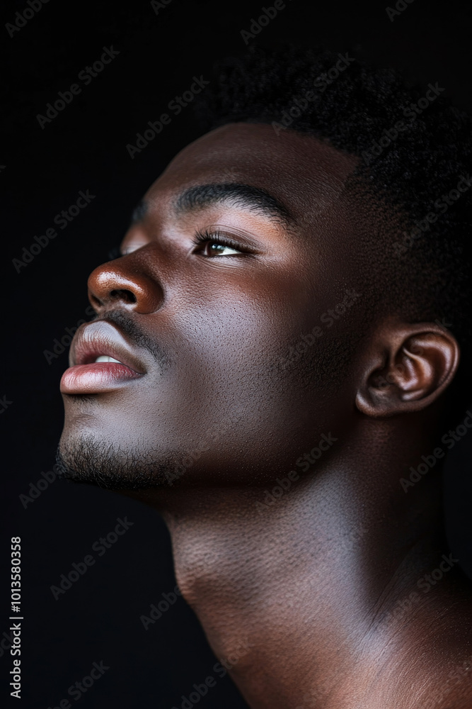 Young male with radiant skin in a studio setting, highlighting beauty and elegance against a dark background. Captures a serene and confident side profile with soft lighting. Young male with radiant skin in a studio setting, highlighting beauty and elegance against a dark background. Captures a serene and confident side profile with soft lighting.