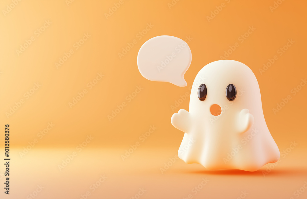 A ghost with an empty speech bubble on a pastel orange background, symbolizing conversation or text communication. Web banner with copy space on the right.