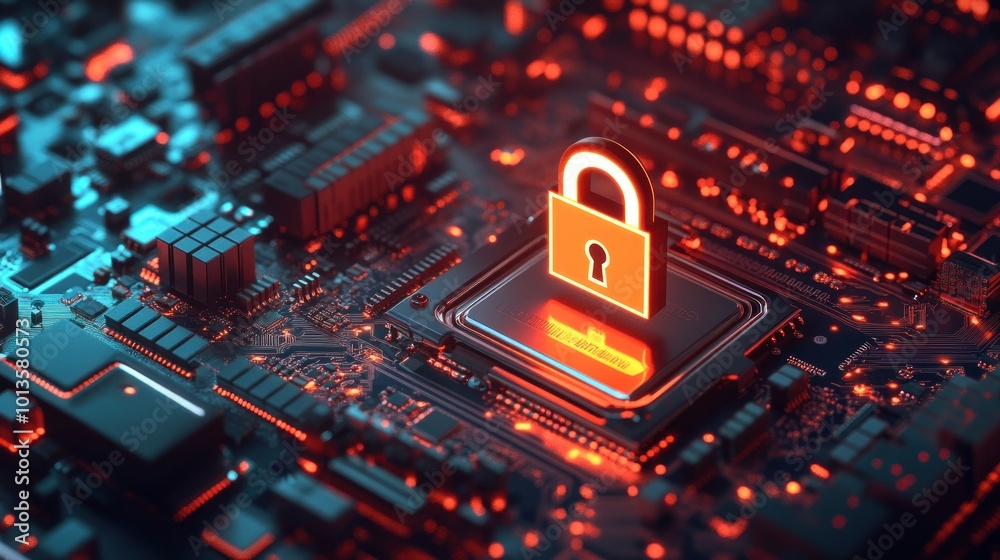 A digital lock symbol on a circuit board, representing cybersecurity and data protection. A digital lock symbol on a circuit board, representing cybersecurity and data protection.