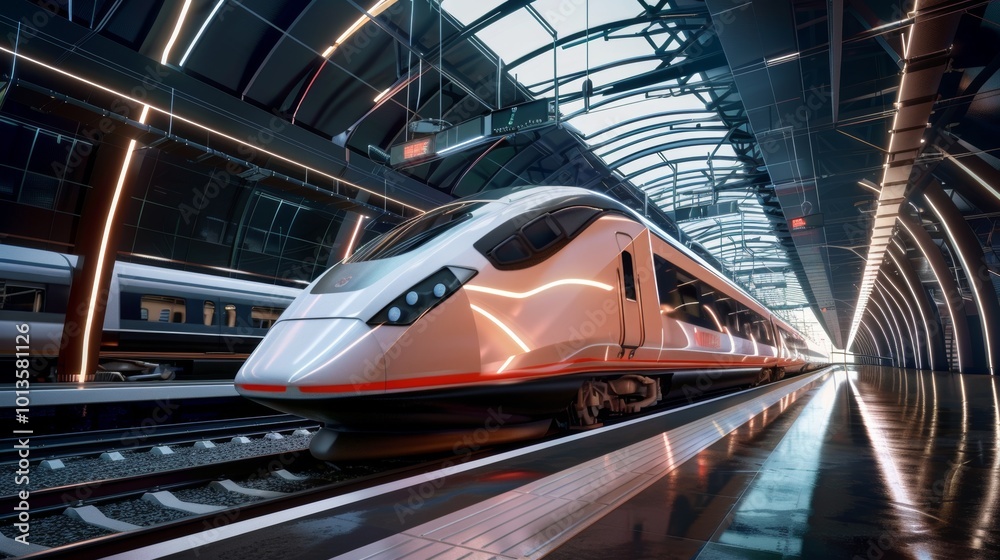 High Speed Train Arriving at Futuristic Railway Station High Speed Train Arriving at Futuristic Railway Station