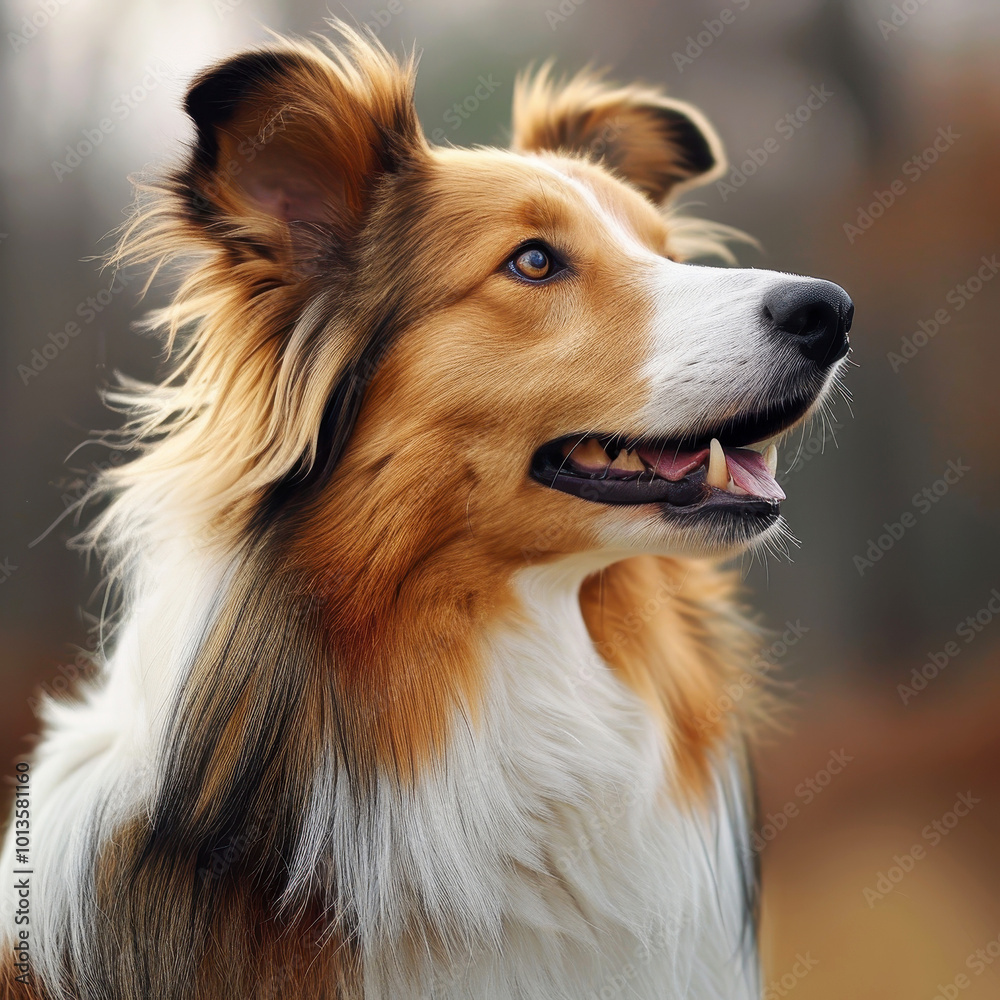Beautiful collie dog with lush fur and attentive expression in natural outdoor setting Beautiful collie dog with lush fur and attentive expression in natural outdoor setting