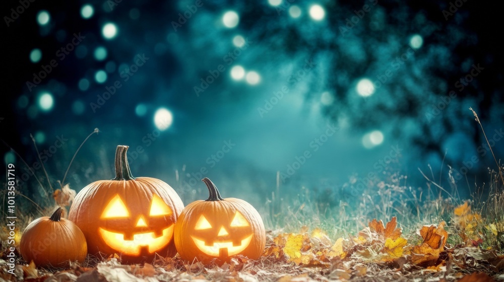 Fototapeta premium Halloween circus under a big top tent in an American field glowing pumpkins as circus props