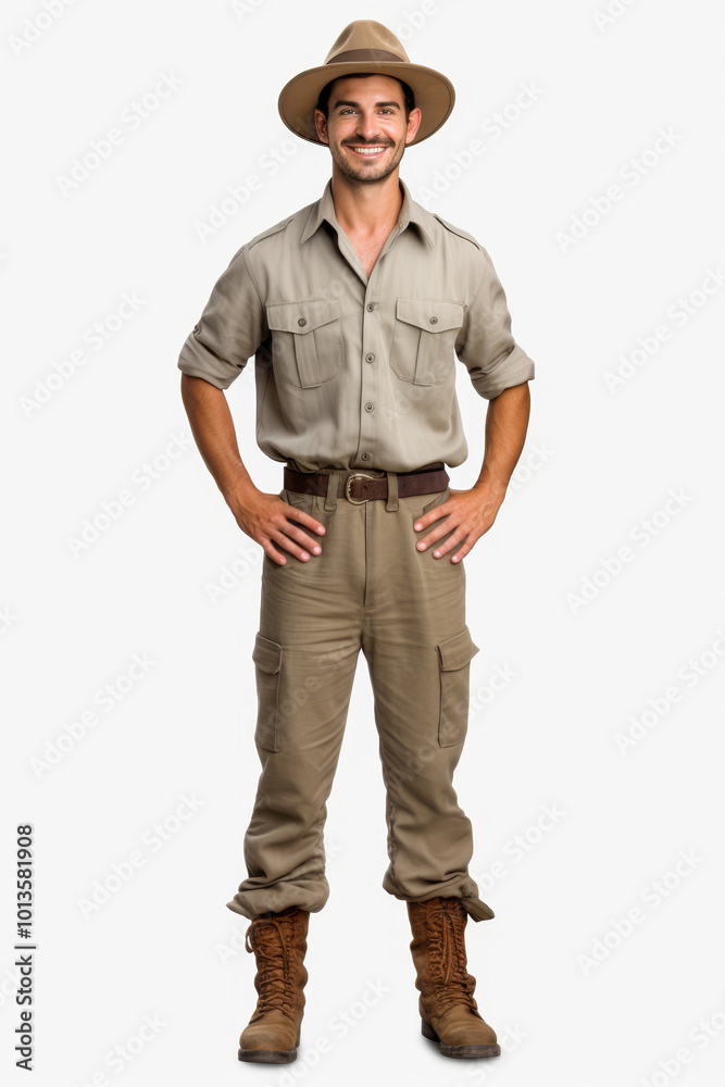 Friendly male zookeeper standing with a smile in full-body shot, wearing zookeeper uniform Friendly male zookeeper standing with a smile in full-body shot, wearing zookeeper uniform