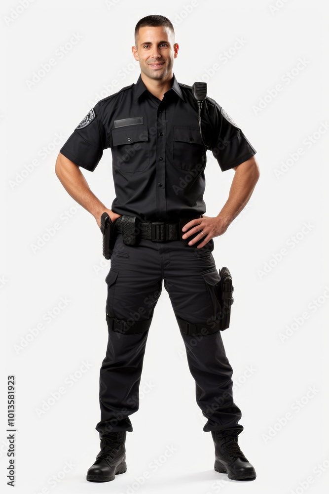 Friendly male police officer full body shot in uniform with hands on hips Friendly male police officer full body shot in uniform with hands on hips