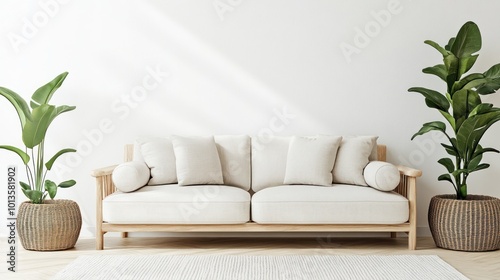 A minimalist living room featuring a light sofa and decorative plants.