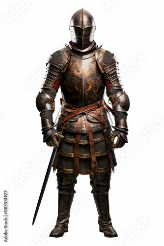 Full body shot of a medieval knight in armor with a sword on a white background