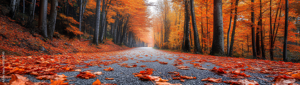 Autumn leaves covering a road in pine forest, vibrant and colorful Autumn leaves covering a road in pine forest, vibrant and colorful