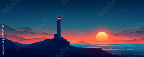 A lighthouse is on a rocky cliff overlooking the ocean. The sky is a deep blue with a bright orange sun in the background