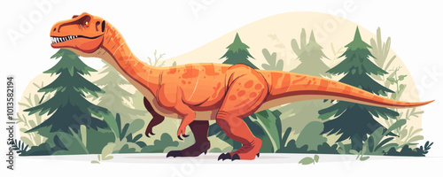 A large orange dinosaur is walking through a forest. The dinosaur is walking in the foreground and the trees are in the background