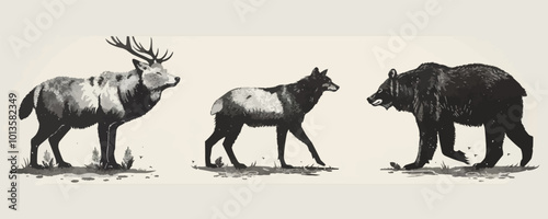 Three animals, a bear, a wolf, and an elk, are shown in a black and white drawing