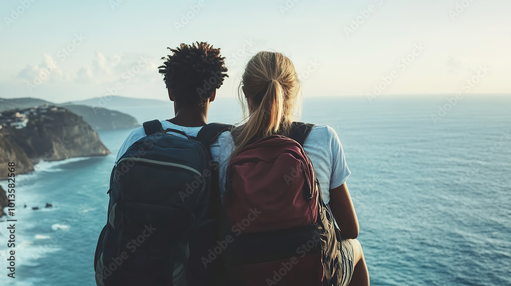 Fototapeta premium Young multiracial couple enjoys breathtaking view by the seaside at sunset in coastal destination