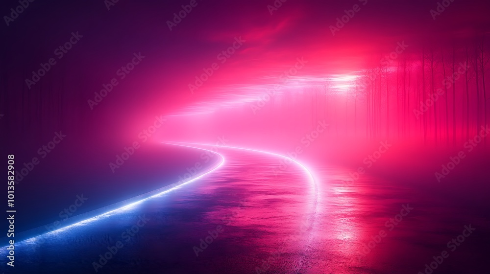 A winding road illuminated by neon lights cuts through a dense fog in a mystical landscape, creating a vibrant contrast of blue and pink hues. A winding road illuminated by neon lights cuts through a dense fog in a mystical landscape, creating a vibrant contrast of blue and pink hues.