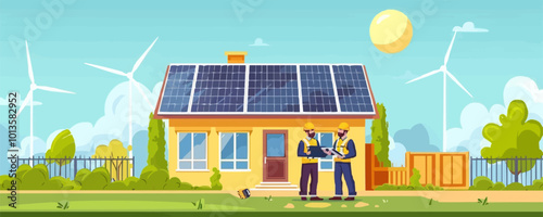 Two men are standing in front of a yellow house with solar panels on the roof. They are wearing hard hats and discussing the solar panels. The house is surrounded by trees