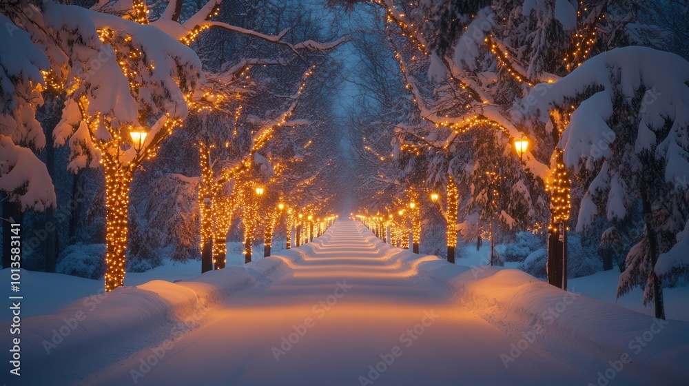 A picturesque snow-covered pathway adorned with glowing lights, creating a magical winter wonderland at dusk.