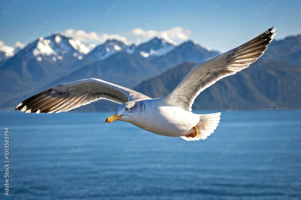 Fototapeta premium Seagull in Flight with a Mountain Range and Ocean Below