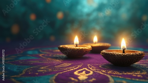 Low angle view, three diyas positioned in a line over a detailed purple and teal rangoli, glowing softly against a deep gold backdrop, copy space, happy Diwali background, traditional, Indian festival